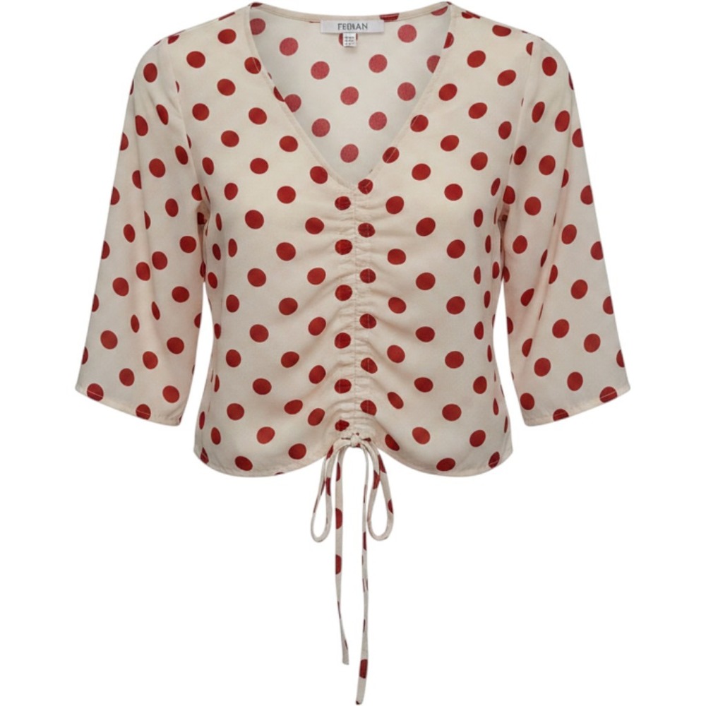 PEIRAN Polka Dot Blouse Women Size S Cream Red Ruched Front Tie Crop Top